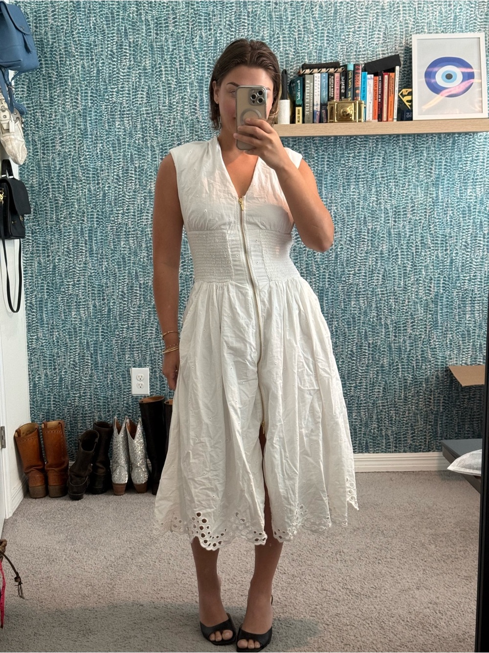 Anthropologie The Tommie Cap-Sleeve Smocked Front-Zip Shirt Dress